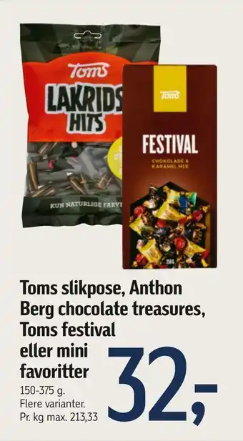 Føtex Toms slikpose, Anthon Berg chocolate treasures, Toms festival eller mini favoritter tilbud