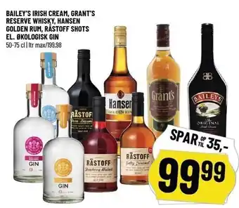 Løvbjerg Bailey's Irish Cream, Grant's Reserve Whisky, Hansen Golden Rum, Råstoff shots, el. Økologisk Gin tilbud