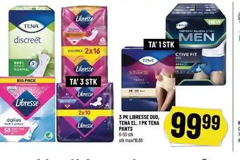 Løvbjerg 3 pk Libresse Duo, Tena el. 1 pk. Tena pants tilbud