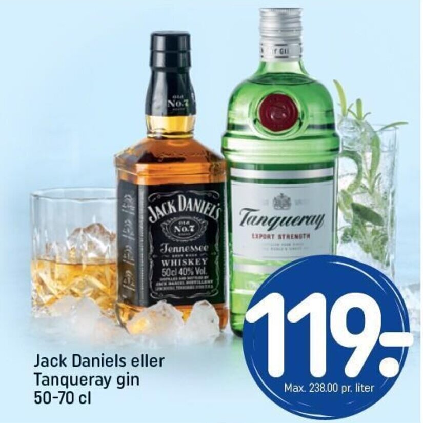 Jack Daniels eller Tanqueray gin tilbud hos Rema 1000