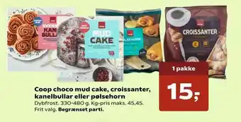 Kvickly Coop choco mud cake, croissanter, kanelbullar eller pølsehorn tilbud