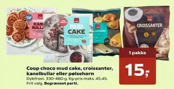 SuperBrugsen Coop choco mud cake, croissanter, kanelbullar eller pølsehorn tilbud