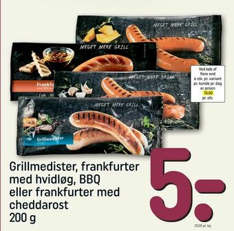 REMA 1000 Grillmedister, frankfurter med hvidløg, BBQ eller frankfurter med cheddarost tilbud