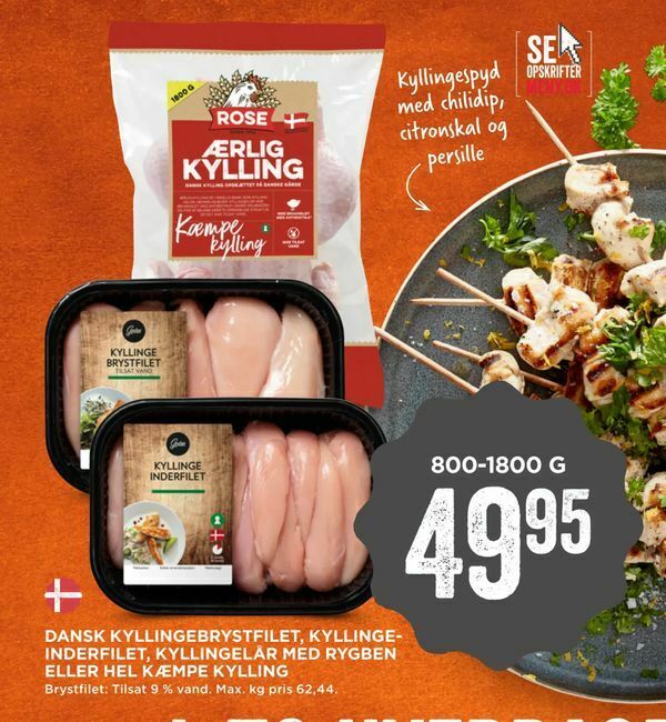 Dansk kyllingebrystfilet, kyllingeinderfilet, kyllingelår med rygben