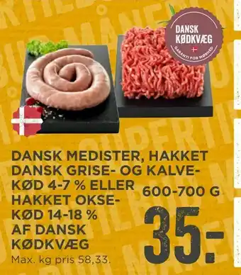 MENY Dansk medister, hakket dansk grise- og kalvekød 4-7 % eller hakket oksekød 14-18 % af dansk kødkvæg tilbud