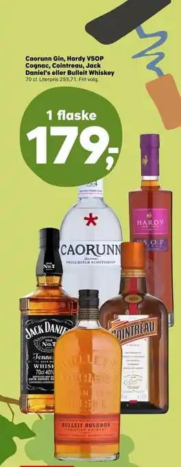 Kvickly Caorunn Gin, Hardy VSOP Cognac, Cointreau, Jack Daniel's eller Bulleit Whiskey tilbud