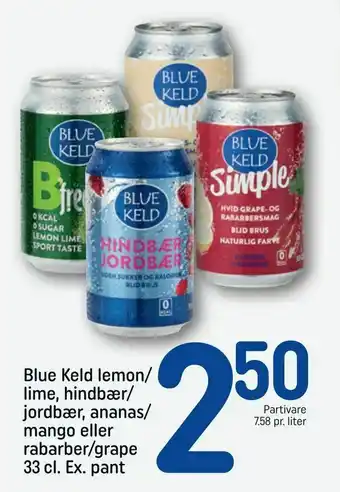 REMA 1000 Blue Keld lemon/ lime, hindbær/ jordbær, ananas/ mango eller rabarber/grape tilbud