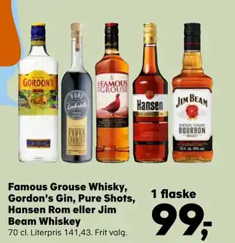Famous Grouse Whisky, Gordon's Gin, Pure Shots, Hansen Rom eller Jim Beam Whiskey