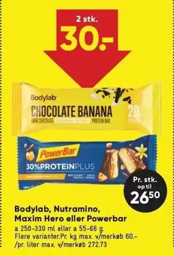 Bilka Bodylab, Nutramino, Maxim Hero el. Powerbar tilbud