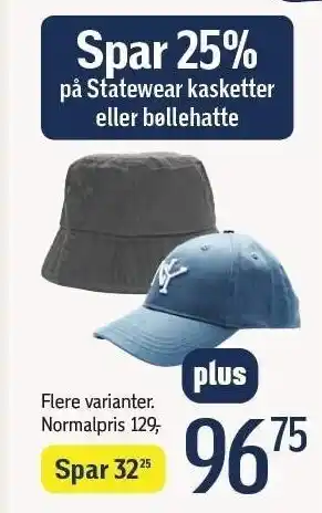 Føtex Spar 25% på Statewear kasketter el. bøllehatte - tilbud med føtex plus appen tilbud