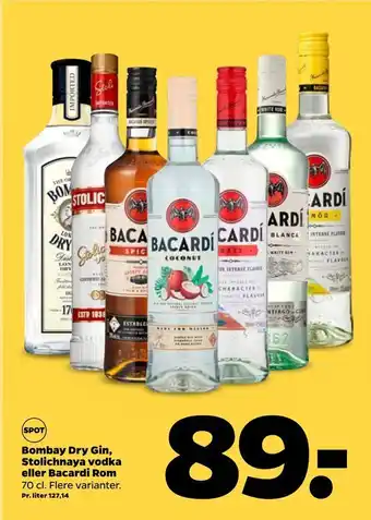 Netto Bombay Dry Gin, Stolichnaya vodka eller Bacardi Rom tilbud