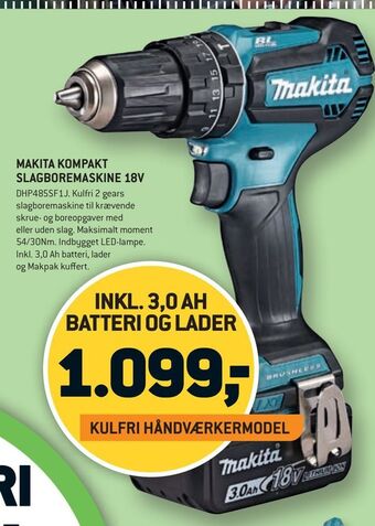 XL-BYG MAKITA KOMPAKT SLAGBOREMASKINE 18V tilbud
