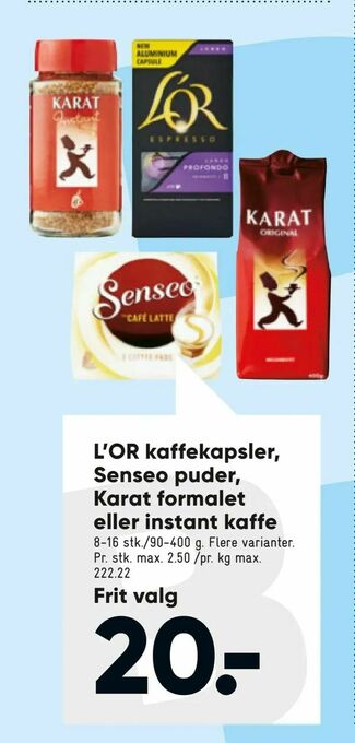Bilka L'OR kaffekapsler, Senseo puder, Karat formalet eller instant kaffe tilbud