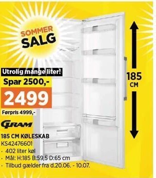 Power 185 cm køleskab tilbud