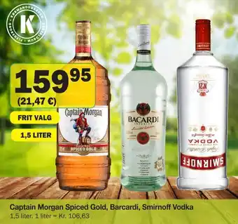 Købmandsgården Captain Morgan Spiced Gold, Barcardi, Smirnoff Vodka tilbud