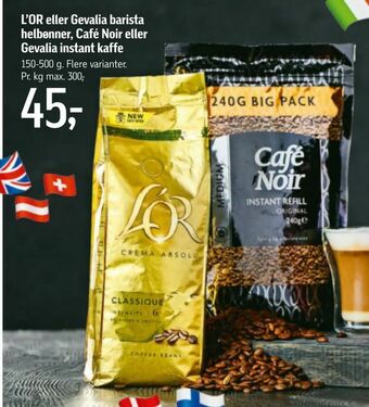 Føtex L'OR eller Gevalia barista helbønner, Café Noir eller Gevalia instant kaffe tilbud
