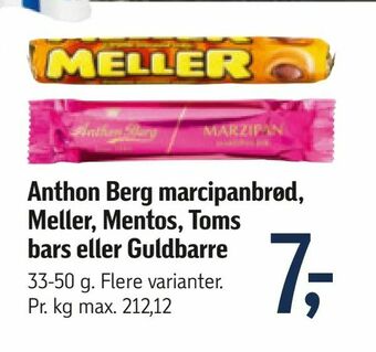 Føtex Anthon Berg marcipanbrød, Meller, Mentos, Toms bars eller Guldbarre tilbud