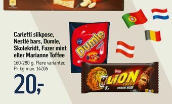 Føtex Carletti slikpose, Nestlé bars, Dumle, Skolekridt, Fazer mint eller Marianne Toffee tilbud