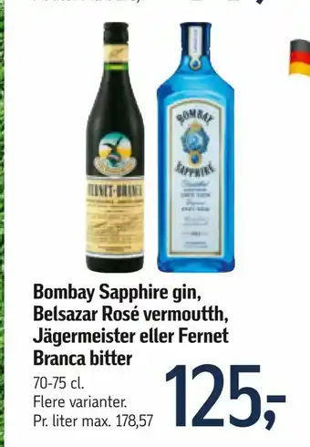 Føtex Bombay Sapphire gin, Belsazar Rosé vermoutth, Jägermeister eller Fernet Branca bitter tilbud