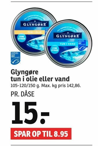 SPAR Glyngøre tun i olie eller vand tilbud
