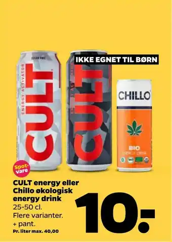 Netto CULT energy eller Chillo økologisk energy drink tilbud