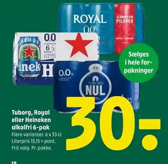 Coop 365 Tuborg, Royal eller Heineken alkolfri 6-pak tilbud