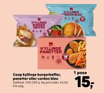 SuperBrugsen Coop kyllinge burgerbøffer, panetter eller cordon bleu tilbud