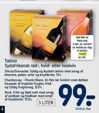 REMA 1000 Tabiso sydafrikansk rød-, hvid-, el. rosévin tilbud