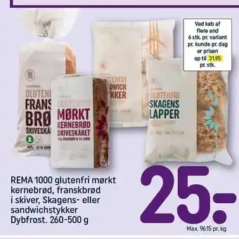 REMA 1000 Glutenfri mørkt kernebrød, franskbrød i skiver, Skagens- el. sandwichstykker tilbud