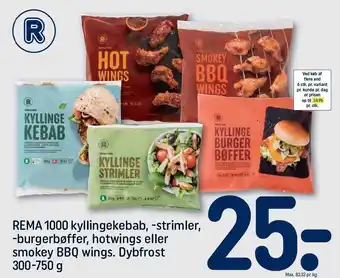 REMA 1000 Kyllingekebab, -strimler, - burgerbøffer, hotwings el. smokey BBQ wings tilbud