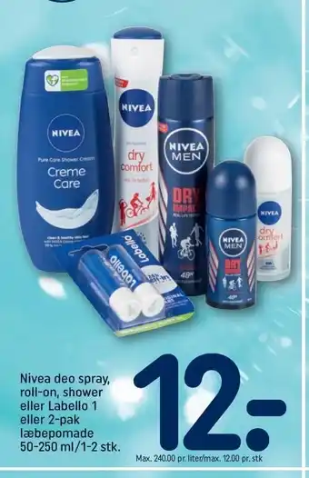 REMA 1000 NIvea deo spray, roll-on, shower el. Labello 1 el. 2-pk. læbepomade tilbud