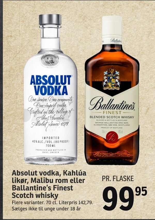 Absolut vodka, Kahlúa likør, Malibu rom eller Ballantine's Finest