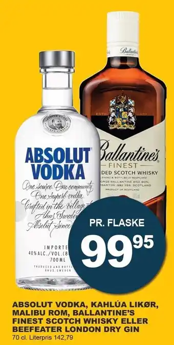 Let-Køb Absolut Vodka, Kahlûa Likør, Malibu Rom, Ballantine´s Finest Scotch Whisky eller Beefeater London Dry Gin tilbud