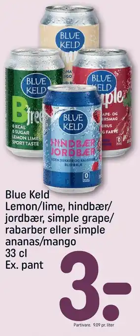 REMA 1000 Blue Keld Lemon/lime, hindbær/ jordbær, simple grape/ rabarber eller simple ananas/mango tilbud