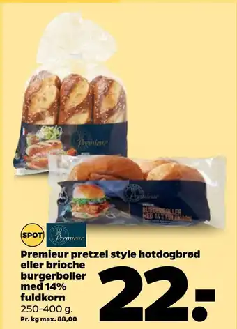 Netto Premieur pretzel style hotdogbrød eller brioche burgerboller med 14% fuldkorn tilbud