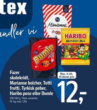 Føtex Fazer skolekridt, Marianne bolcher, Tutti frutti, Tyrkisk peber, Haribo pose eller Dumle tilbud