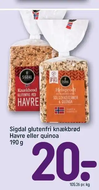 REMA 1000 Sigdal glutenfri knækbrød Havre el. quinoa tilbud
