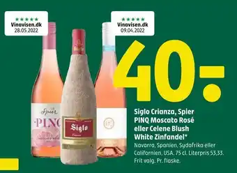 Coop 365 Siglo Crianza, Spier PINQ Moscato Rosé eller Celene Blush White Zinfandel tilbud