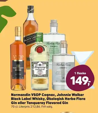 Kvickly Normandin VSOP Cognac, Johnnie Walker Black Label Whisky, Økologisk Herba Flora Gin eller Tanqueray Flavored Gin tilbud