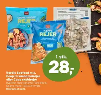 Kvickly Nordic Seafood mix, Coop rå vannameirejer eller Coop skaldrejer tilbud