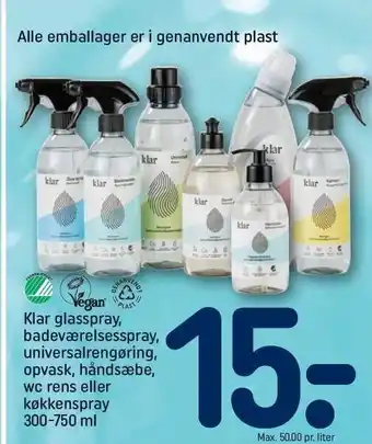 REMA 1000 Klar glasspray, badeværelsesspray, universalrengøring, opvask, håndsæbe, wc rens el. køkkenspray tilbud