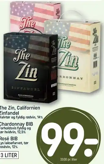 REMA 1000 The Zin, Californien Zinfandel, Chardonnay BIB el. Rosé BIB tilbud