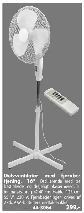 Gulvventilator med fjernbe tjening, 16"