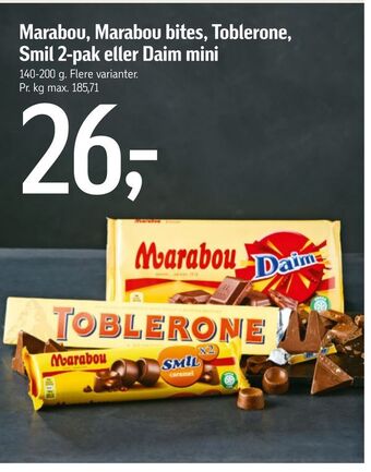 Føtex Marabou, Marabou bites, Toblerone, Smil 2-pak eller Daim mini tilbud