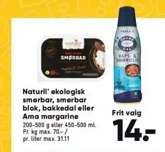 Bilka Naturli' økologisk smørbar, smørbar blok, bakkedel el. ama margarine tilbud