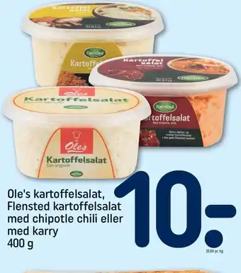 REMA 1000 Ole's Kartoffelsalat Flensted Kartoffelsalat med Chipotle chili eller med karry tilbud