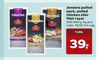 Kvickly Jensens pulled pork, pulled chicken eller filet royal tilbud