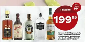 Normandin XO Cognac, Matu salem Gran Reserva 15 Rom, Plymouth Gin, Aviation Gin eller Glenlivet 12 års Whisky