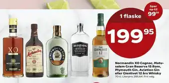Normandin XO Cognac, Matu salem Gran Reserva 15 Rom, Plymouth Gin, Aviation Gin eller Glenlivet 12 års Whisky