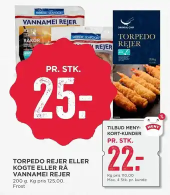 MENY Torpedo rejer eller kogte eller rå vannamei rejer tilbud